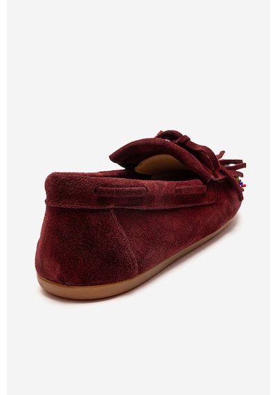 Luvishoes Evelyn Bordo Süet Hakiki Deri Püsküllü Boncuklu Kadın Loafer Ayakkabı