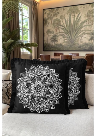 Mandala Motifli Saçaklı Yastık Kılıfı - Etnik Siyah Beyaz Bohem Püsküllü Kırlent Kılıfı Orman Limon Sarısı