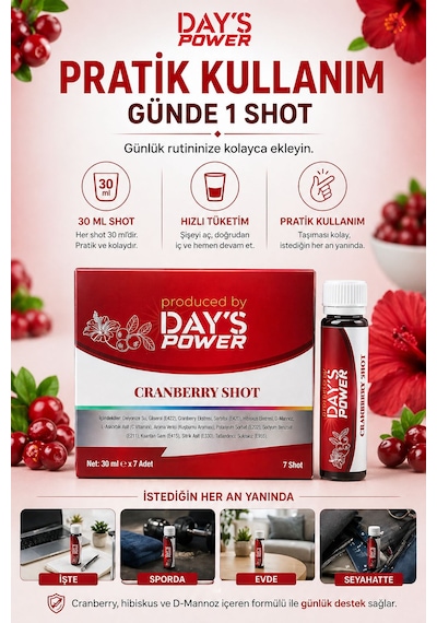 Day S Power Cranberry Shot 7 Adet - D-mannose & Hibiskus & Vitamin C Destekli