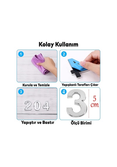 Yapışkanlı Kapı Numarası Küçük Boy 50 Mm 5 Cm Numara 3 Rakam Üç Sayısı Krom Renk Numaralar 1 Adet Diğer