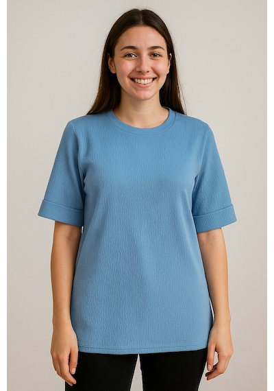 Kadın Oversize Kalıp Bürümcük Kumaş Duble Kol Yandan Yırtmaçlı T-shirt Bluz - T954 Mavi