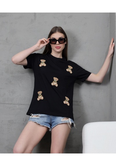 Genç Kadın Ayıcık Süzene Nakışlı T-shirt Siyah