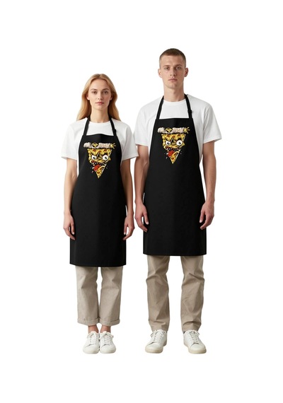 Erkek Unisex Mutfak Aşçı Önlüğü Korkunç Pizza Dilimi Yüz Baskılı Siyah