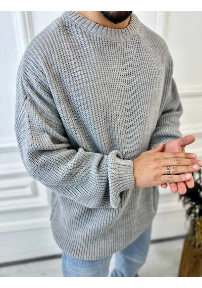Elku Moda Kazak Oversize Çift Kat Örme Naturel Pamuk Bol Kesim Tüylenmeyen Salaş Triko Kazak Gri