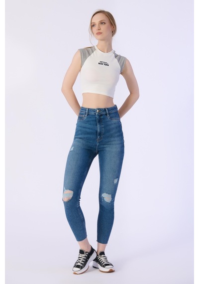Skınny Cep Kapalı Dizler Lazerlı Paça Kesik Denim Pantolon-mavi Mavi