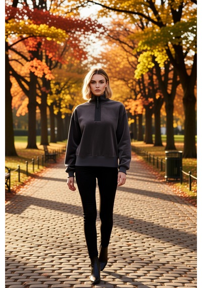 Benerly Kadın Dik Yaka Düşük Kol Fermuar Detaylı Polar Sweatshirt Fonksiy Antrasit