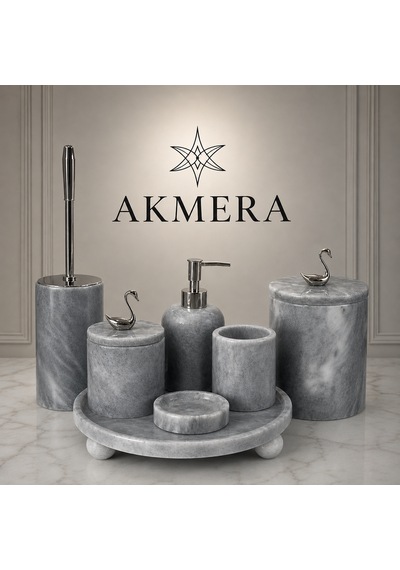 Lüks Gri Mermer Top Ayaklı 7 Parça Banyo Seti