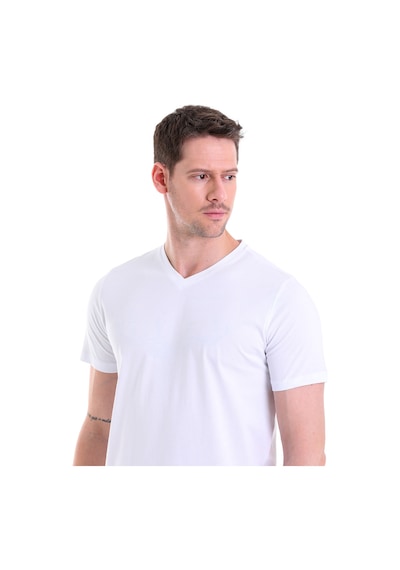 Hatemoğlu Düz Slim Fit 100% Pamuk V Yaka Tişört Beyaz