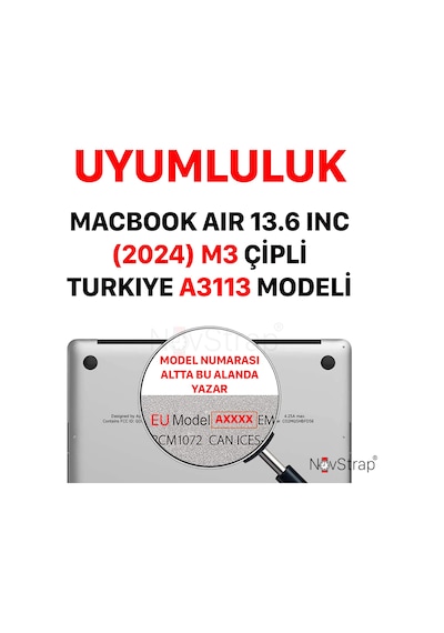 Novstrap Apple Uyumlu MacBook Air M3 13.6 İnç A3113 İle Türkçe Q Klavye Siyah Klavye Koruyucu Kılıf Karışık Çok Renkli