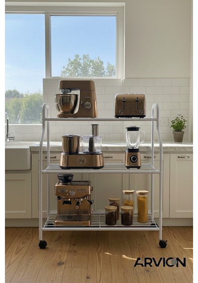 Modern Beyaz 3 Katlı Metal Tekerlekli Mutfak Ve Dekoratif Saksılık Çiçeklik Dayanıklı Raflı Stand-organizer Beyaz
