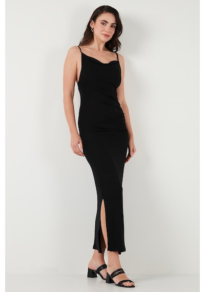 Lela Büzgü Detaylı Slim Fit Yırtmaçlı Uzun Boy Asimetrik Yaka Bayan Elbise 5866291 Siyah
