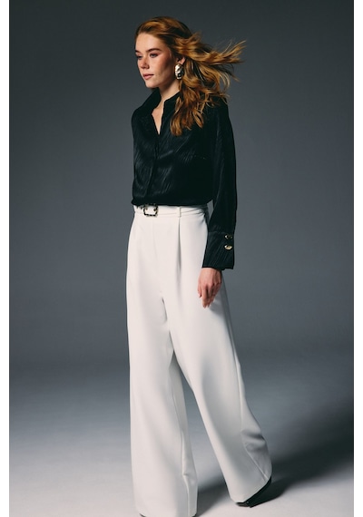 Sateen Kemerli Bol Pantolon - Ekru-136822 Ekru