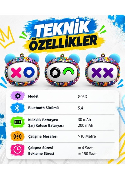 Monster G05d Bluetooth 5.4 Kablosuz Kulaklık, 3 Farklı Dönen Yüz Tasarımı, Graffiti Şarj Kutusu, Dokunmatik Kontrol, Düşük Gecikme, 150 Saat Bekleme
