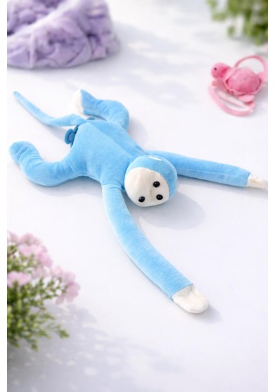 Maymun Yapışkanlı Vikvik Sesli 60cm - Maymun Peluş Oyuncak Açık Mavi