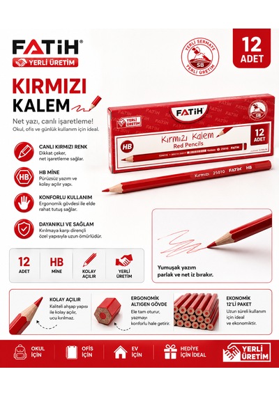 Fatih Kırmızı Kurşun Kalem 1 Düzine 12 Li