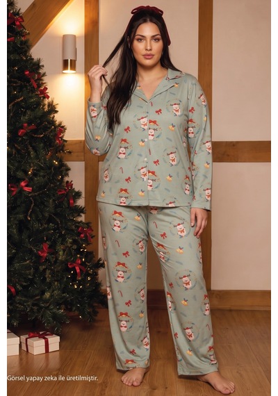 Siyah İnci Yeşil Yılbaşı Temalı Termal Kumaşlı Ultra Soft Yumuşak Büyük Beden Battal Boy Düğmeli Örme Pijama Takımı 26226530