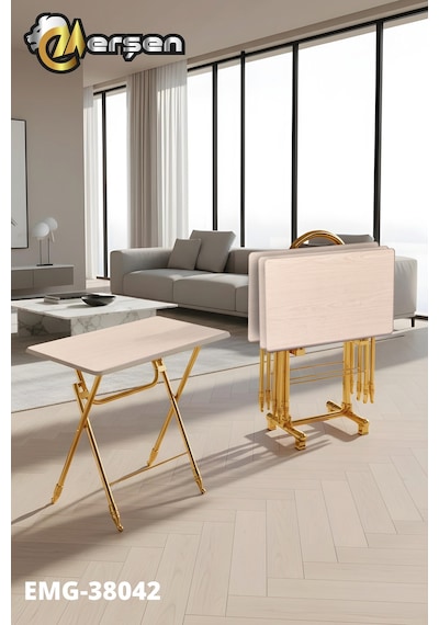 Eranş Serisi 4'lü Katlanır Mdf Mebran Ahşap Çanta Zigon Sehpa Gold Ayak Açık Ahşap Desen Gold Ayak