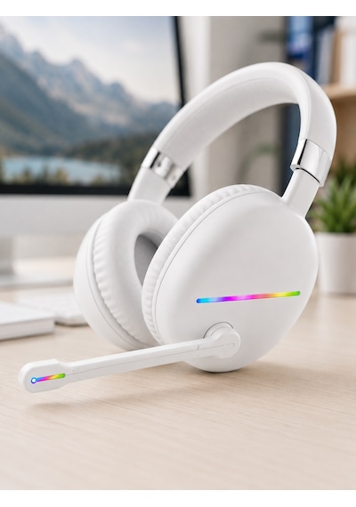 Kablosuz Bluetooth Mikrofonlu Beyaz Kulaklık Rgb Işıklı