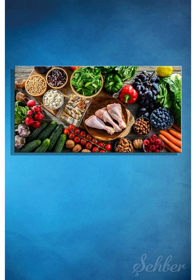 Sağlıklı Ve Dengeli Beslenme Sebzeler, Meyveler Protein Kaynakları Yatay Kanvas Tablo 3881 Çok Renkli