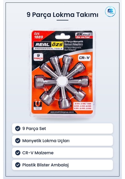 9 Parça Manyetik Somun Adaptör Lokma Takımı 5 Mm 13 Cr-v Araç Tam