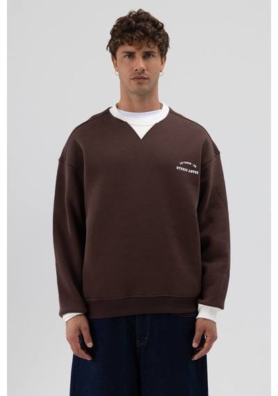 Vamos Oversize Bisiklet Yaka Baskılı Sweatshirt V70-91 Kahve