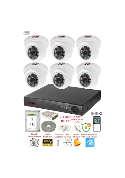 Fury 6 Kameralı 5mp 3.6mm Lens 2mp Görüntü 6 Atom Led Gece Görüşlü Fullhd Güvenlik Kamerası 1412a 1tb