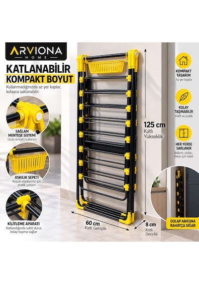 Arvıona 190 Cm Kanatlı Çamaşır Kurutmalığı Mandal Sepetli Metal Sarı - Siyah