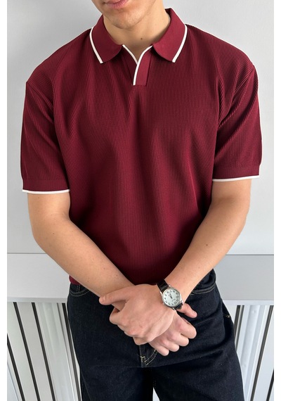 Erkek Oversize Selanik Polo Yaka Triko T-shirt Bordo