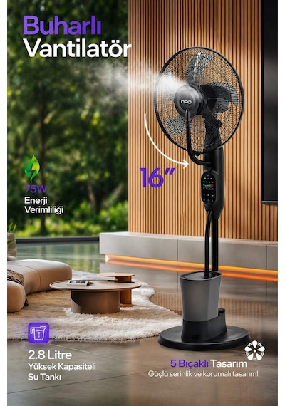 Exenar - Siyah - Uzaktan Kumandalı Buzlu Vantilatör Buharlı Soğutucu Nemlendirici Fan Zaman Ayarlı Oda Soğutucu 2.8l
