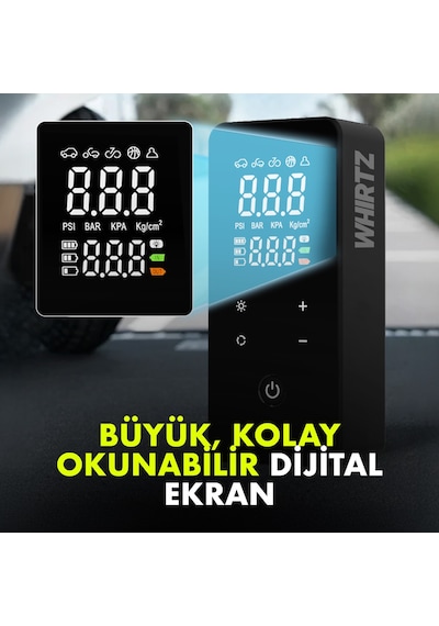Whirtz 150 Psı Taşınabilir Şarjlı Hava Pompası – Dijital Ekranlı, Led Işıklı, Powerbank