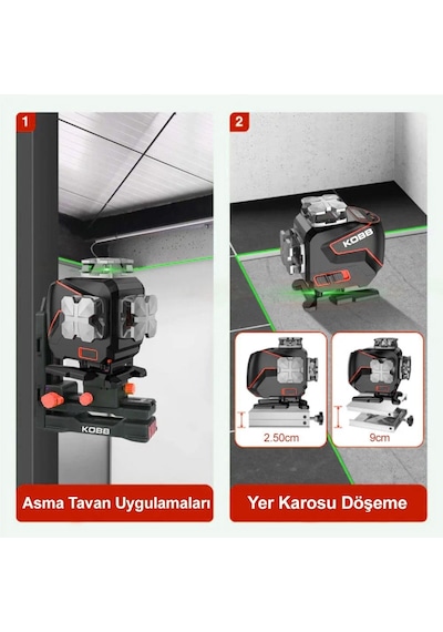 Kobb Kbl36gtp Profesyonel Li-ion Şarjlı 4x360⁰ Lcd Ekran Otomatik Hizalamalı Yeşil Çapraz Çizgi Lazer Distomat + Uzaktan Kumanda + Tripod + Taşıma Çan