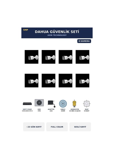 8 Kameralı 5mp Güvenlik Kamera Seti 5mp Full Color Sesli Bullet Dış Mekan 4tb 23 Gün Kayıt 33438723