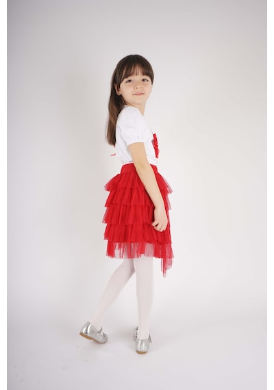 Miniko Kids 23 Nisan 29 Ekim Konsept Yıldız Detaylı Tül Detaylı Kat Kat Tütü Etekli Takım Kırmızı