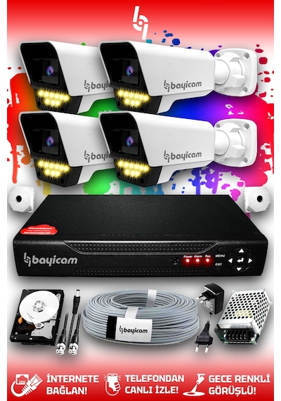 Bayicam 4 Kameralı Süper 4 Dış Kamera Set 250 GB 5 MP 2K Renkli Gece Görüşlü Güvenlik Kamerası Sistemi