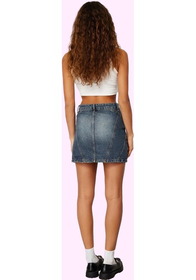 Ersefa Kadın Pamuk Denim Mini Etek Yüksek Bel Soluk Efekt Günlük Kombinl Koyu Mavi