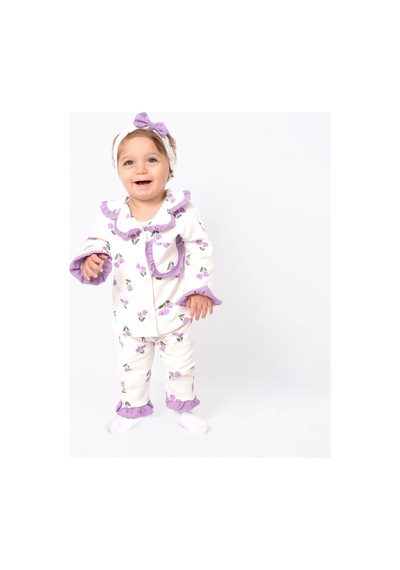 Bebegen Kadın Anne Ekru Mor Lale Desenli Fırfırlı Bandanalı Pijama Takımı Çok Renkli