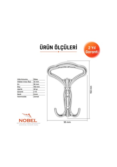 Klasi K Portmanto Askısı, Metal Vestiyer Askısı, 40 Gr, Dolap Ve Duvar Askılığı, Krom Vidalı