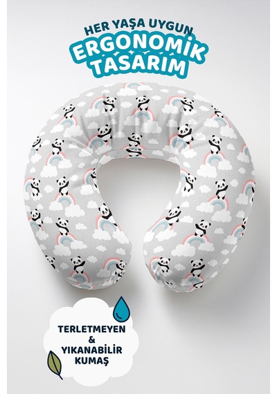 Panda Bulutlu Gökkuşağı Desenli Ergonomik Boyun Yastığı - Sevimli Pastel Gri Pembe Seyahat Yastığı Çok Renkli