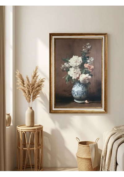 Vintage Gold Çerçeveli Tablo - Mavi Beyaz Vazoda Güller - 60x80 Cm