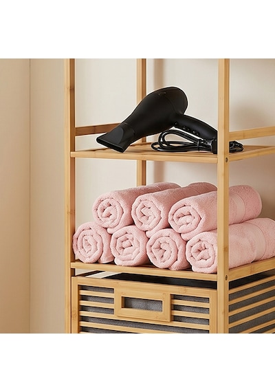 Porsima 120 Cm Doğal Bambu Banyo Düzenleyici Raf - Katlanabilir Kirli Sepetli Çok Amaçlı Banyo Dolabı Ahşap