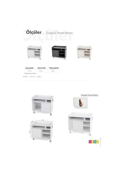 Creo Mobili Sürgü Kapaklı Organizer Smart Keson, Frenli Tekerlekli Ofis Ve Ev Komodini, Ekru