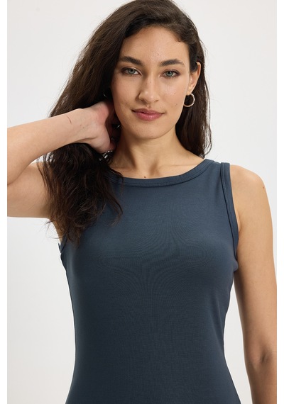 Tudors Kadın Slim Fit Dar Kesim Pamuklu Sıfır Kol Bisiklet Yaka İndigo Elbise-50480