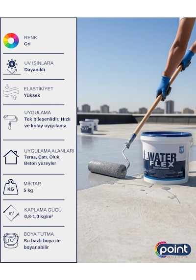 Water Flex - Uv Dayanımlı Likit Membran 5 Kg, Gri Renk / Sıvı Yalıtım Malzemesi