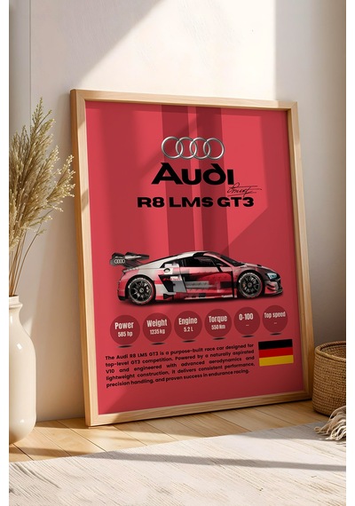 Audi R8 Lms Gt3 Premium Spor Araba Çerçeveli Tablo - Teknik Özellikli Otomobil Sever Duvar Dekoru Kayın