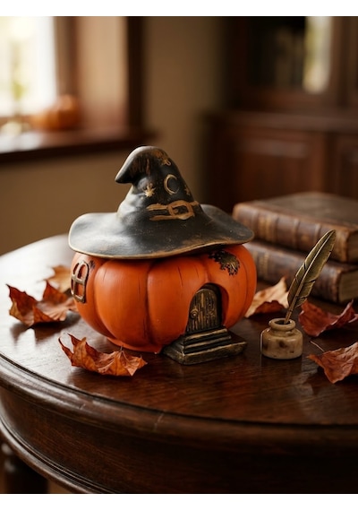Turuncu Halloween Temalı Kapaklı Balkabağı Büyücü Şapkalı Dekoratif Obje Hediyelik Saklama Kutusu Biblo