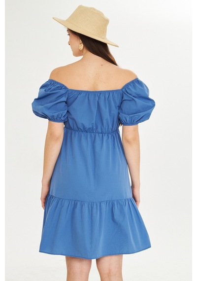 Kutaf Beli Lastikli Buzgulu Poplin Elbise Orta Mavi