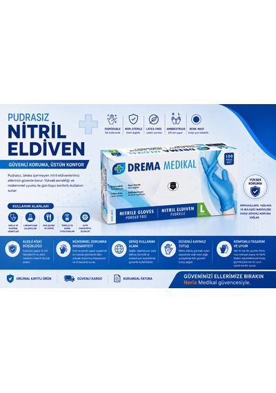 Drema Nitril Muayene Eldiveni Mavi 1 Kutu 100 Adet Small, Medium, Large