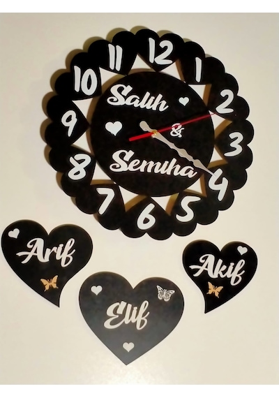 Duvar Saati Aile Sadeti Tüm Aile Bireylerinin İsmi Yazılı Gümüş - Siyah