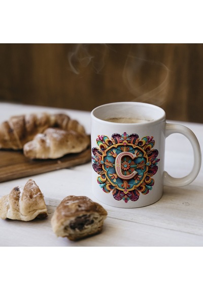 C Harfi Boho Bardak, Renkli Özel Tasarım Hediyelik Harfli Kupa, 330ml Porselen Beyaz