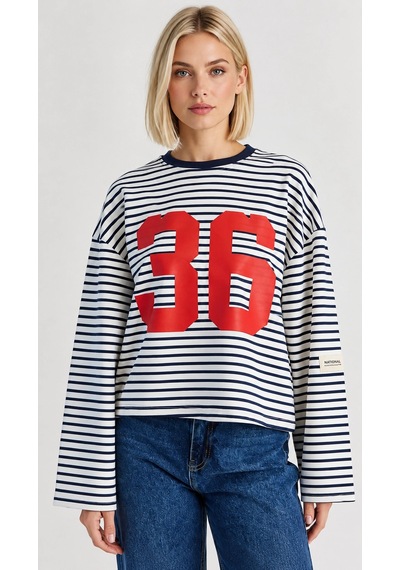 Mevese Kadın Oversize Çizgili Baskılı Uzun Kollu T-shirt - 36 Detaylı Spor Şık Tişört - Ekru-lacivert Ekru - Lacivert